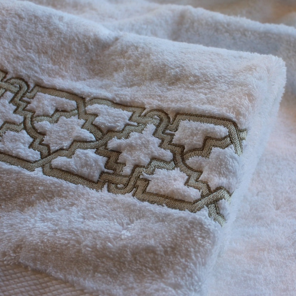 Fretwork Embroidered Towels and Bath Mats Available in 3 Colours