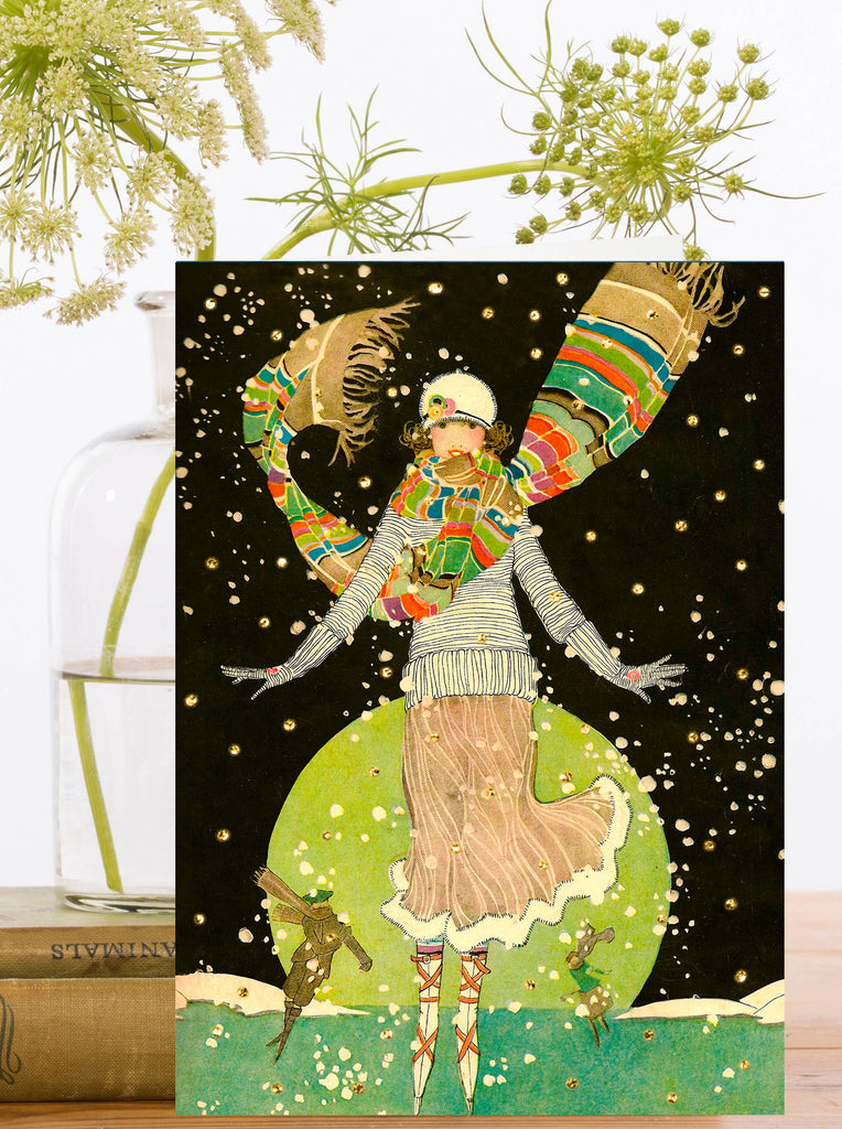 Art Deco illustration of a woman with a colorful scarf skating against a black background with stars.