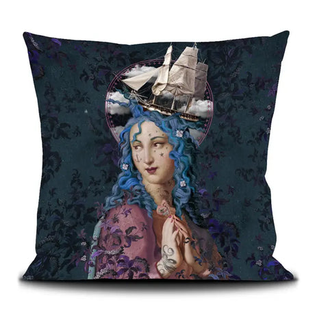 Decorative pillow with a woman's face, blue hair, and a ship on a dark background