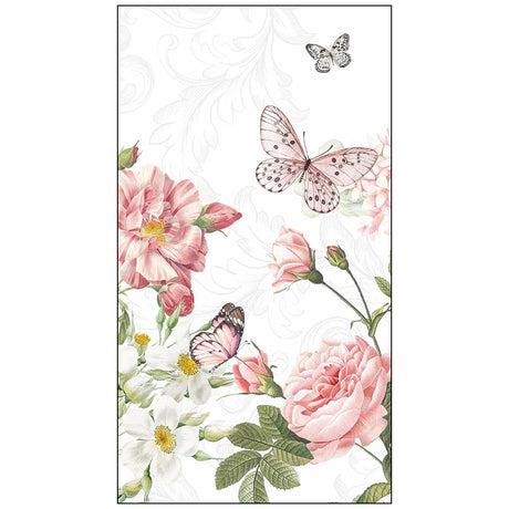 Floral paper towel with pink and white flowers and butterflies on a white background