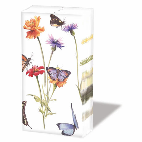 Pack of facial tissues with floral and butterfly design on a white background