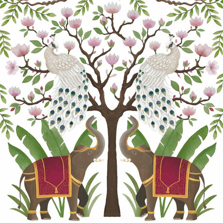 Decorative design with elephants, peacocks, and a tree with flowers on a white background.