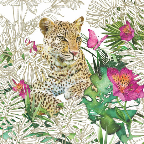 Leopard sitting among flowers and leaves, some uncoloured line drawings, some painted.