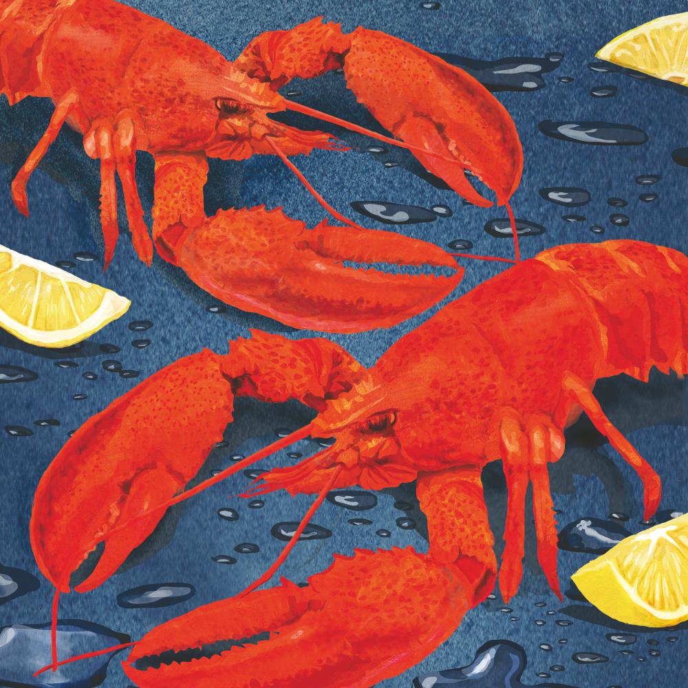 Brightly coloured lobsters on a blue background with slices of lemon