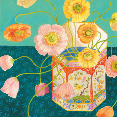 Poppies in a colourful vase painted in an impressionistic style reminiscent of Matisse