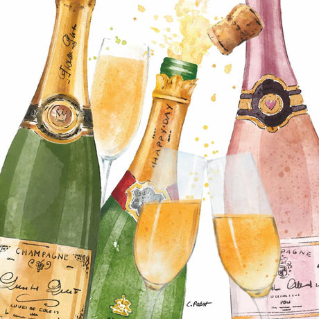 Bottles of champagne with a cork popping off and champagne spilling out with full champagne glasses