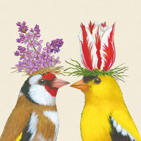Whimsical songbirds with hats made from lilac and tulip