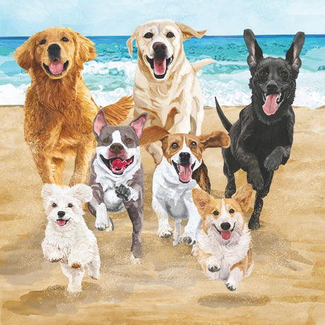 Illustration of dogs running on a beach with ocean in the background