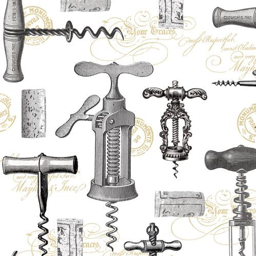An assortment of vintage monochrome corksrew illustrations with corks and stamps in background