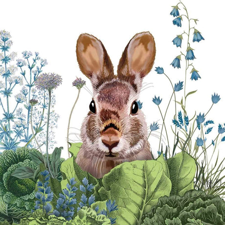 Rabbit in lettuce head surrounded by blue flowers