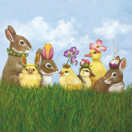Illustration of bunnies and chicks with Easter decorations in a grassy field.