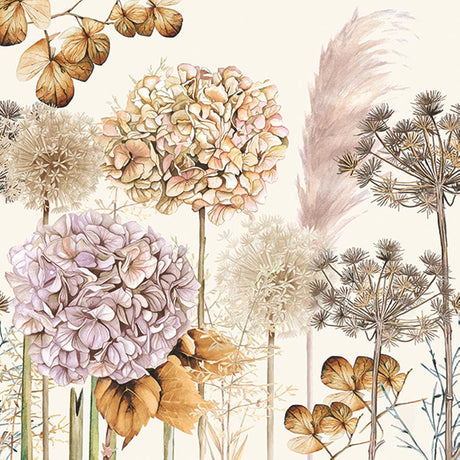 Lunch Napkin with illustration of various flowers and plants with a soft color palette on a white background