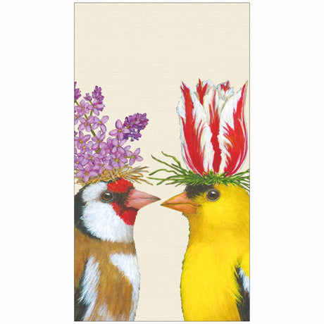 Two finches with whimsical lilac and tulip hats