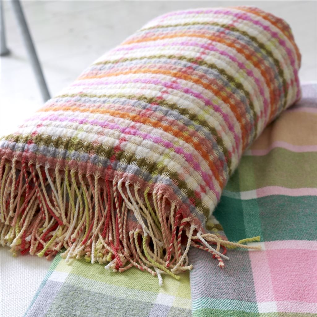 Marano Peony Throw, 51" x 75", woven throw combining multiple coloures as a pink, orange, light green and white, finished with a fringed edge