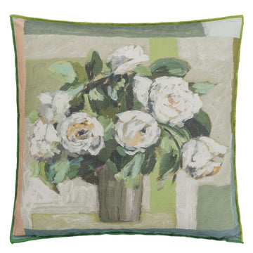 Celadon Vase Celadon Cotton Decorative Pillow with painterly flowers in vase in greens and creams.