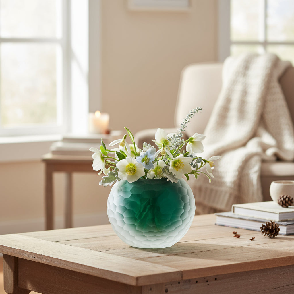 Green glass bowl with textured surface on a white background