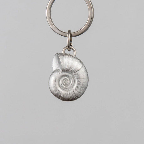 Keychain with a pewter spiral shell charm on a gray background