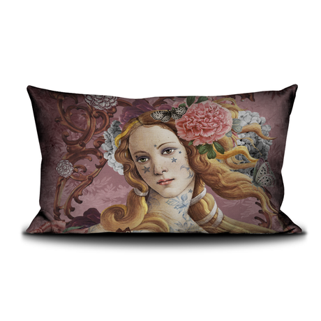 Decorative pillow with a vintage-style illustration of a woman's face on a white background