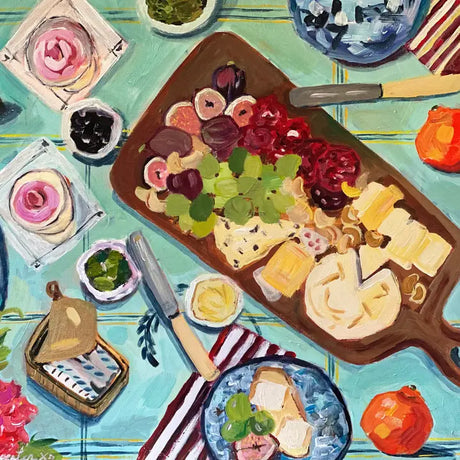 Painting of charcuterie board with cheese, nuts, meat and fruit on blue tiles surrounded by dips and plates.