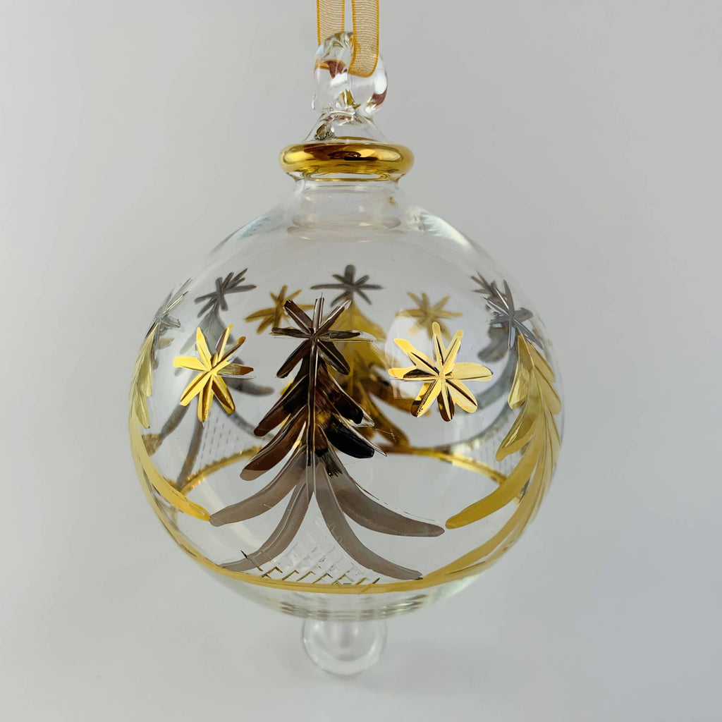 Decorative glass ornament with gold and silver tree and star designs