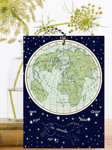 Greeting card with detachable world ornament with star constellations on a dark blue background, placed on a surface with plants and books.