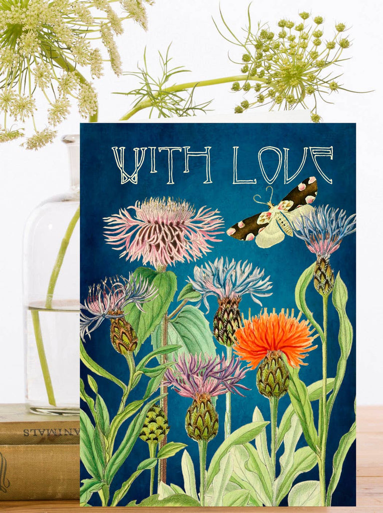 Card with thistle and moth design and 'With Love' text on a blue background