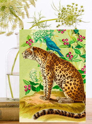 Greeting card with illustration of a leopard with a blue bird on a floral background