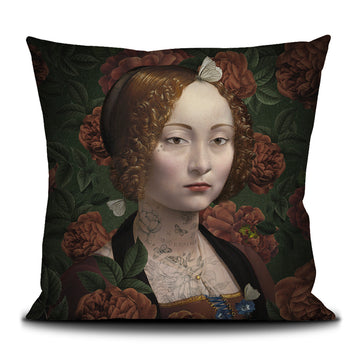 Ginevra cushion cover printed on velvet with black piping finish.