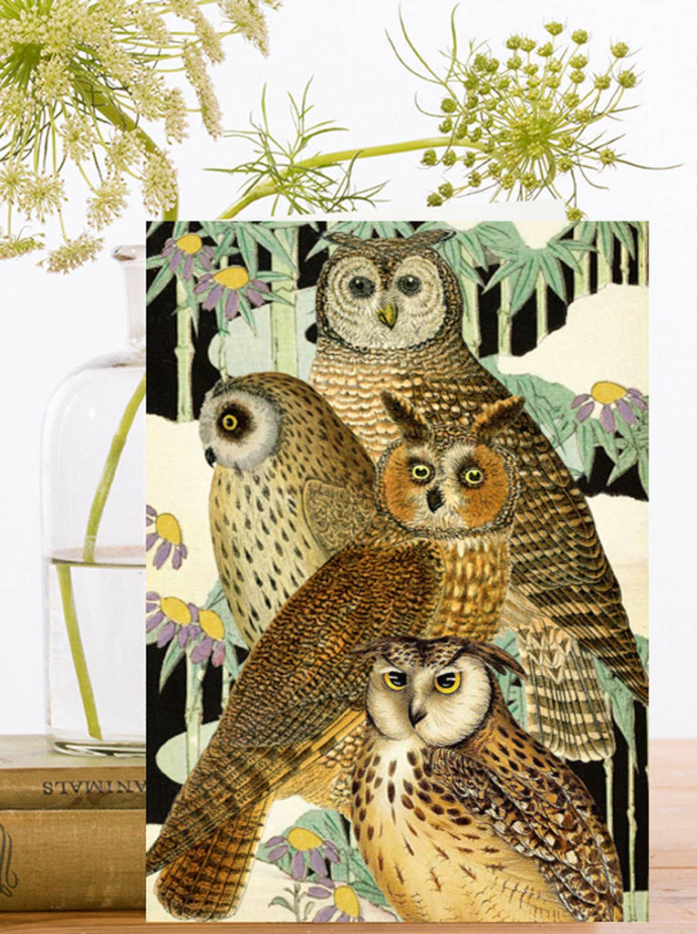 Card with illustrations of four owls on a floral background
