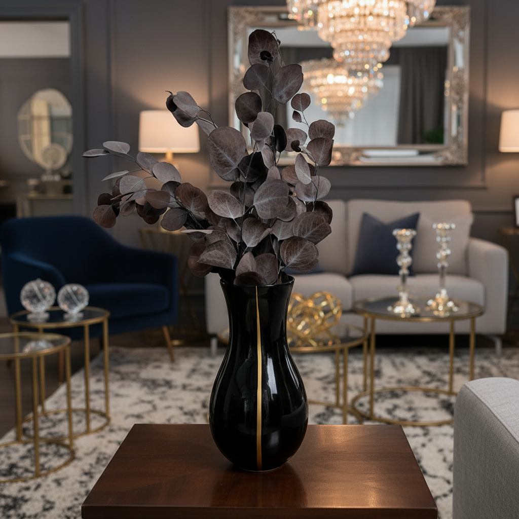 Black vase with gold accent holding dark purple leaves on a white background