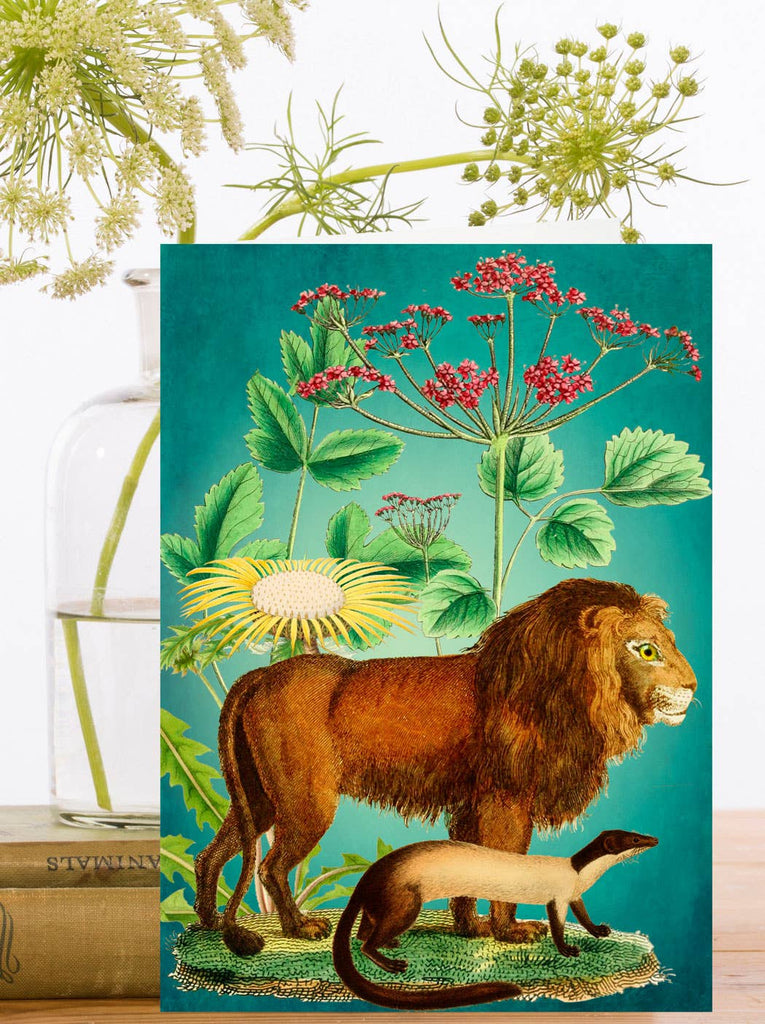 Greeting card with vintage-style illustration of a lion and a snake with flowers on a teal background