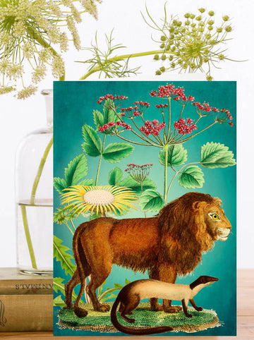 Greeting card with vintage-style illustration of a lion and a snake with flowers on a teal background