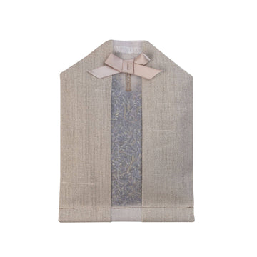 Natural linen sachet with clear silk window showing lavender seeds inside and with bow on top. Eyelet to allow it to hang on a hanger.
