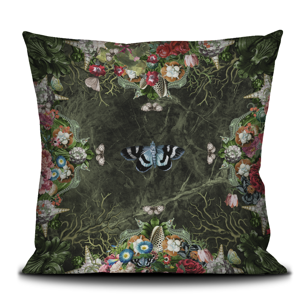 Decorative pillow with floral and butterfly pattern on a white background