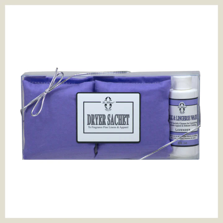 Le Blanc Lavender pack with two Lavender Dryer Sachets and one 2 FL OZ bottle of Lavender Silk and Lingerie wash included