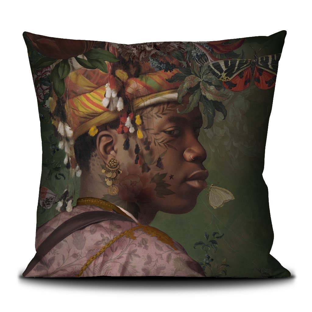 Decorative pillow with a portrait of a person with butterflies on a white background