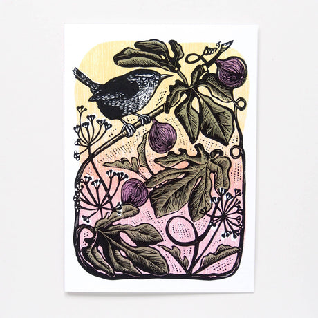 Illustration of a bird perched on a branch with leaves and fruits on a gradient background