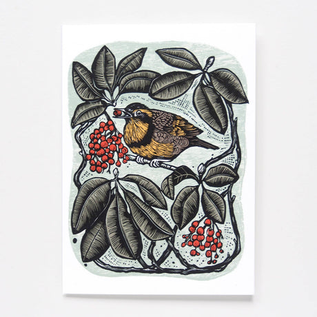 Illustration of a bird perched on a branch with leaves and berries on a light gray background