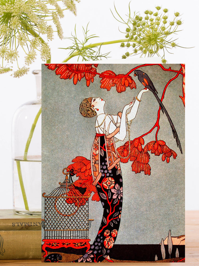 Art Deco illustration of a woman with a parrot and red flowers on a textured background