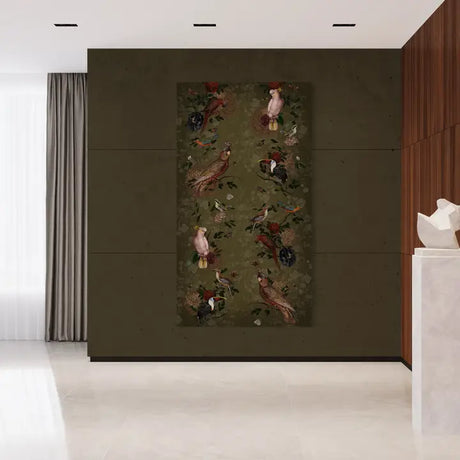 Decorative fabric panel with bird illustrations on a green background in a modern interior setting.