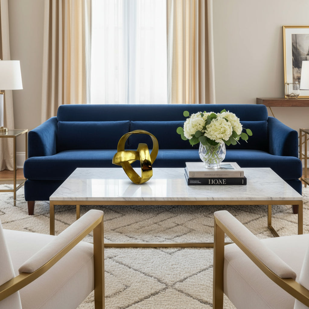 Gold ring with interlocking design on a white background