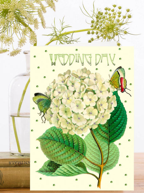 Wedding day card with floral design and butterflies on a light green background and the text "Wedding Day"