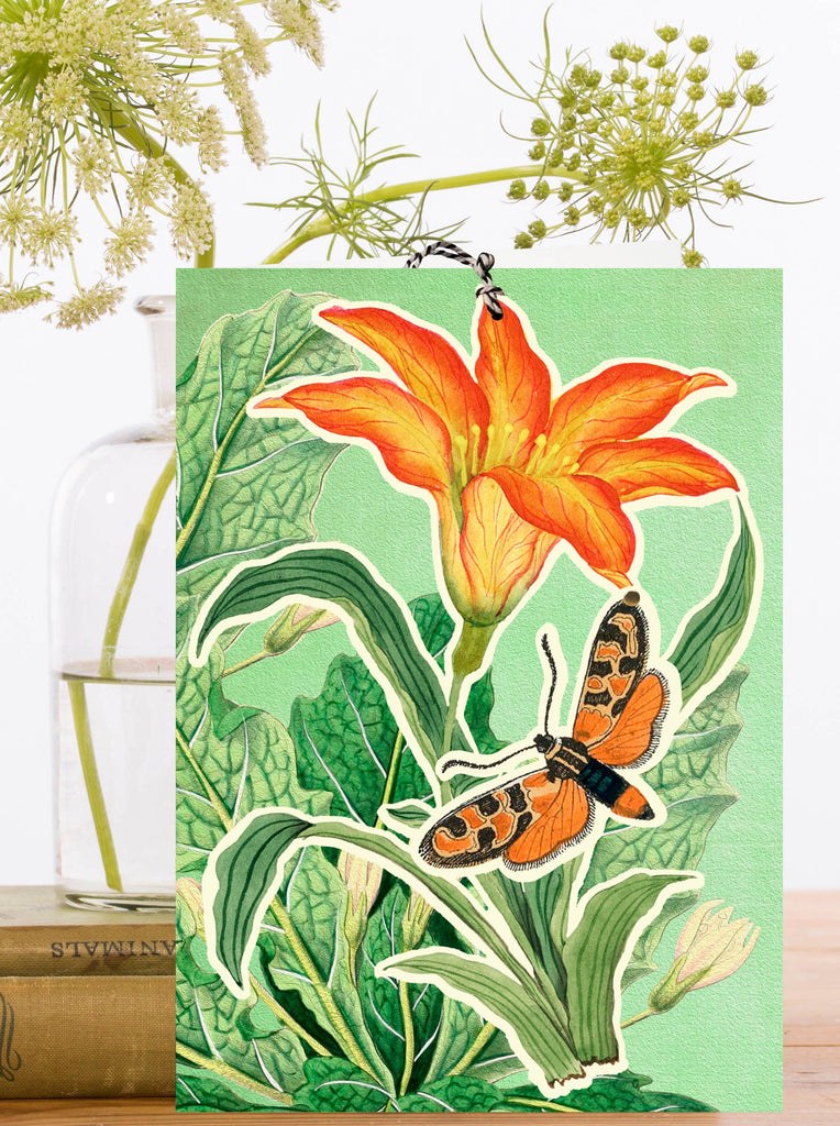 Decorative card with detachable orange flower and butterfly design on a green background