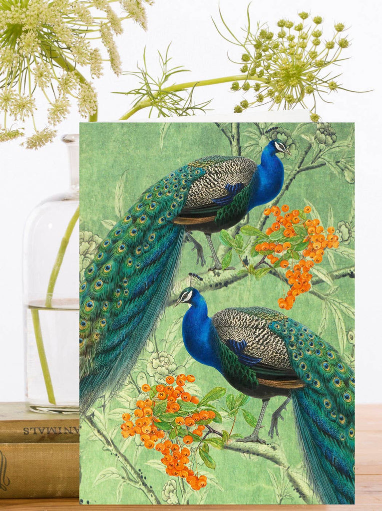 Decorative card with peacock illustration on a green background