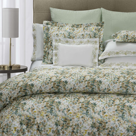 Floral bedding set on a bed with matching