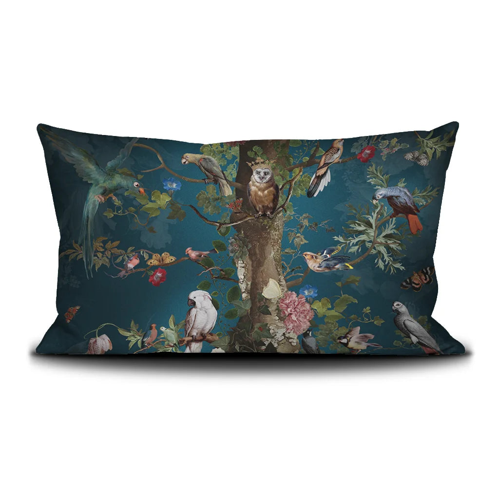 Cushion cover with blue background and tree covered in many different birds