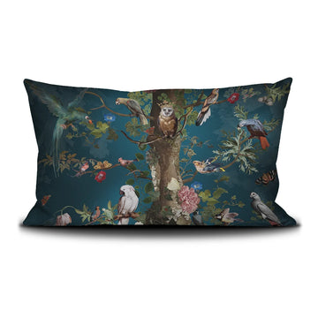 Cushion cover with blue background and tree covered in many different birds
