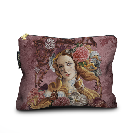 Accessory Bag with a woman's face and flowers in her hair on a pink background.