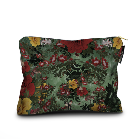 Floral patterned pouch with a zipper on a white background