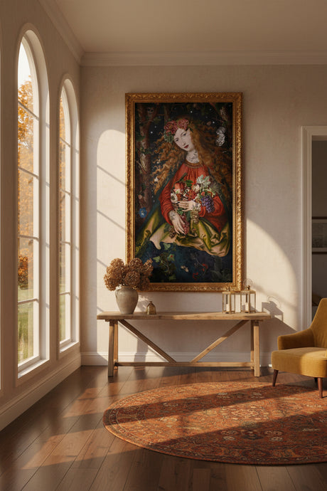 A detailed wall hanging of a woman with long wavy red hair, wearing a red and green dress, holding a basket of fruit and flowers, set against a dark forest background with stars. Set in a room with a table underneath and autumn light coming through the windows.